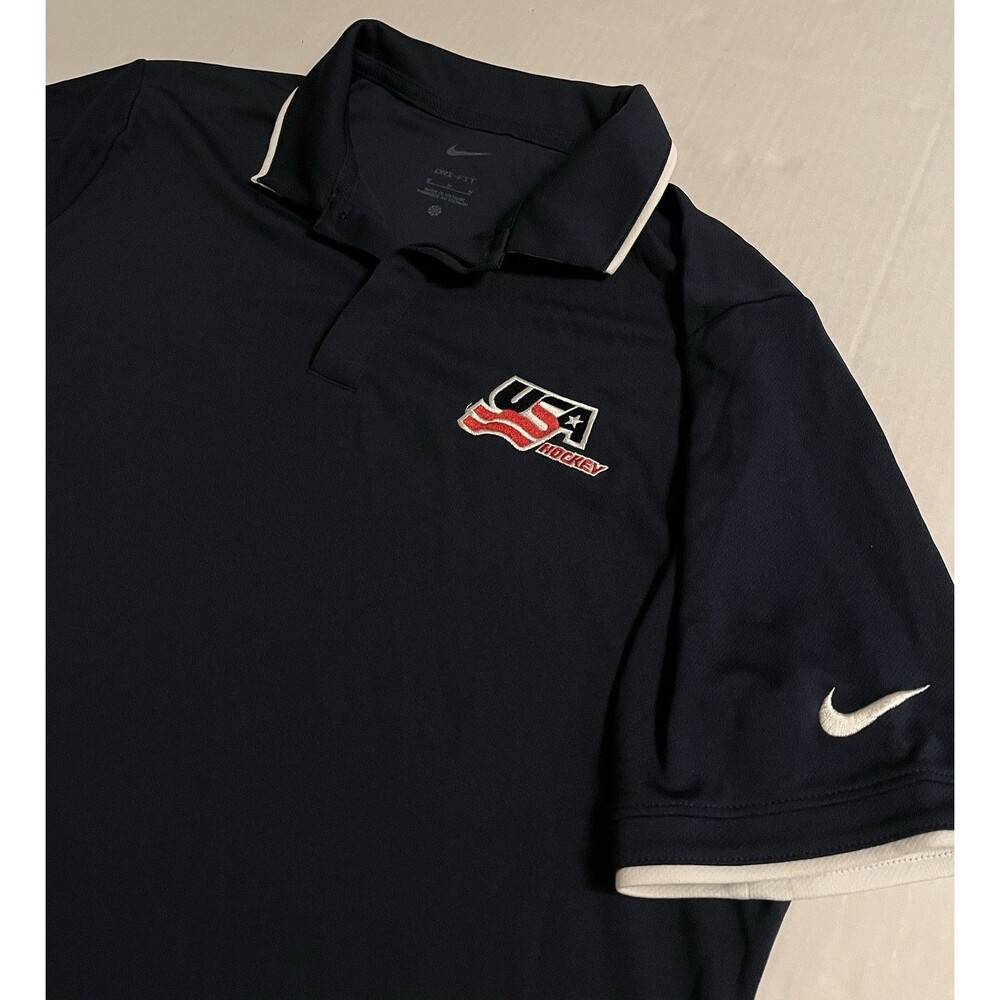 NEW Nike USA Ice Hockey Olympics SS Blue Polo Shirt MEDIUM Gold Medal NHL Italy